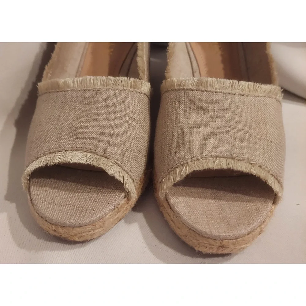 Lauren Ralph Lauren Womens Tan Natural Linen Carmondy Wedges Shoes EUC Size 7.5